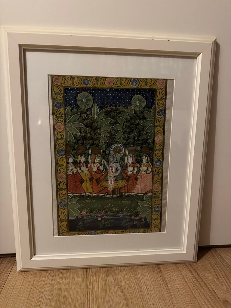 handgeschilderd op zijde, Indiase voorstelling van Krishna, Antiek en Kunst, Kunst | Niet-Westerse kunst, Ophalen of Verzenden