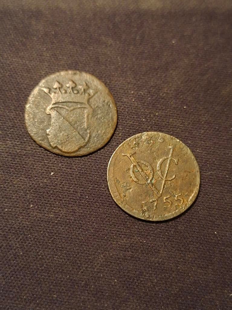 2 halve VOC Duiten Utrecht 1755 en 1770, Postzegels en Munten, Munten | Nederland, Ophalen of Verzenden