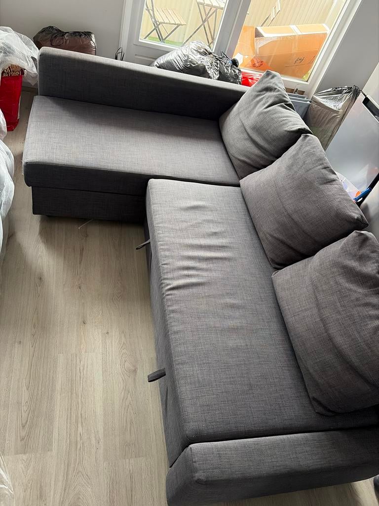 Grijze hoekbank met slaapfunctie en opbergruimte Moet nu weg, Ophalen, Gebruikt, 100 tot 125 cm, Hoekbank