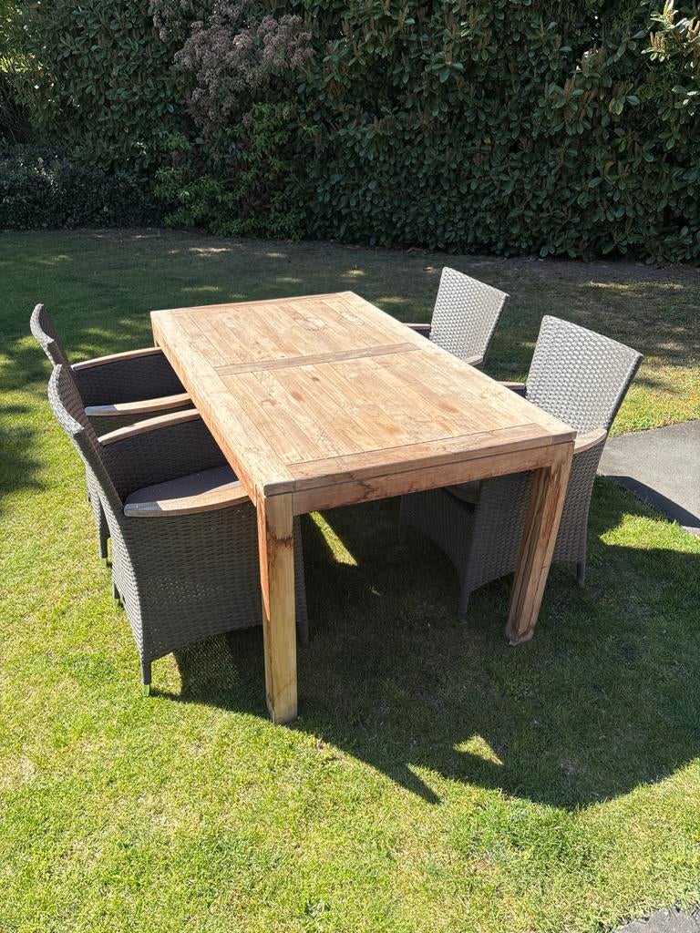 Houten tuintafel met 4 stoelen - Bois Le Duc, Tuin en Terras, Ophalen of Verzenden, Gebruikt, Rechthoekig, Hout