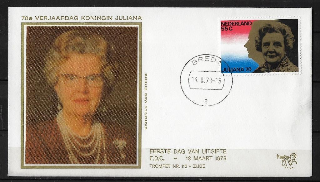 H-19 FDC Eerste dag uitgifte 70e verjaardag koningin Juliana, Postzegels en Munten, Brieven en Enveloppen | Nederland, Ophalen