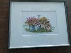 Geborduurd schilderij in lijst kruiwagen met bloemen, Ophalen of Verzenden, Zo goed als nieuw, Handborduren, Onderdeel of Toebehoren