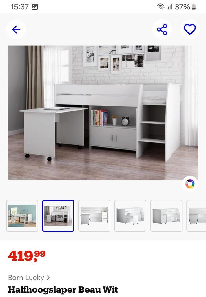 Halfhoogslaper Beau wit met bureau en opbergruimte, Ophalen, Zo goed als nieuw, Halfhoogslaper