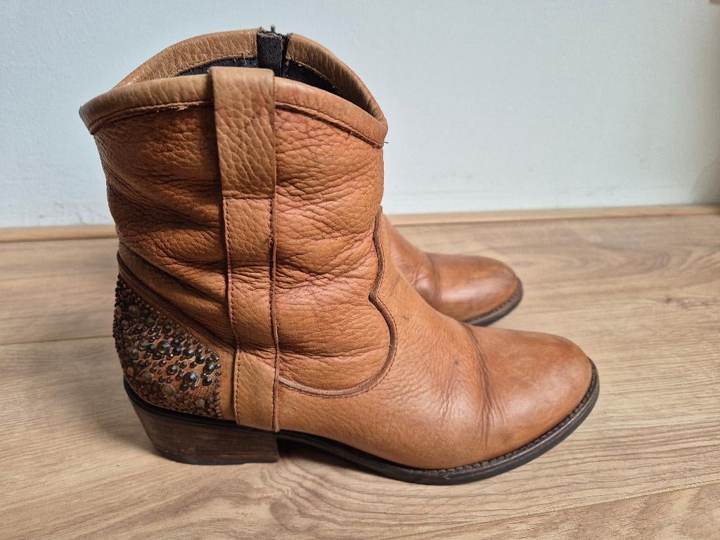 Sch105 - Bruine leren Miz Mooz coyboy boots maat 41 (1), Kleding | Dames, Schoenen, Ophalen of Verzenden, Zo goed als nieuw, Bruin