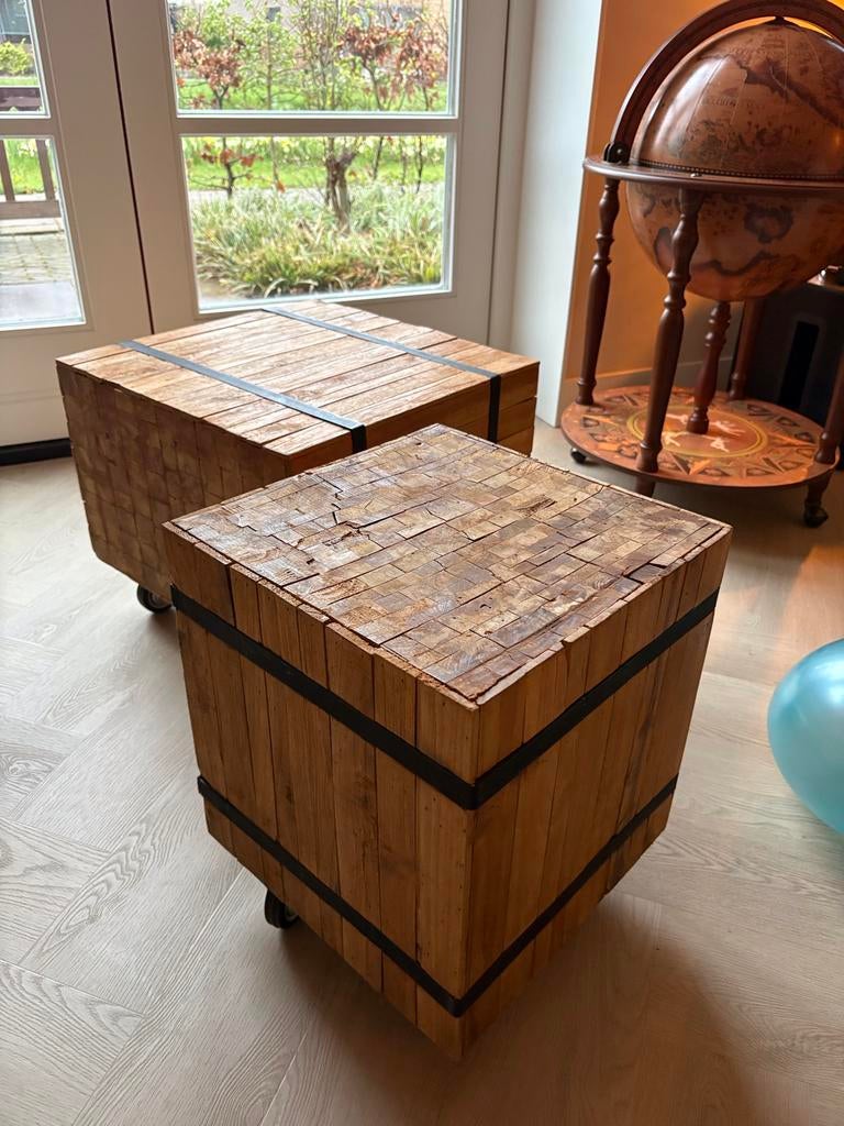 2 Houten Salontafels op Wielen - Industriële Stijl, Ophalen, Gebruikt, Vierkant, 50 tot 100 cm