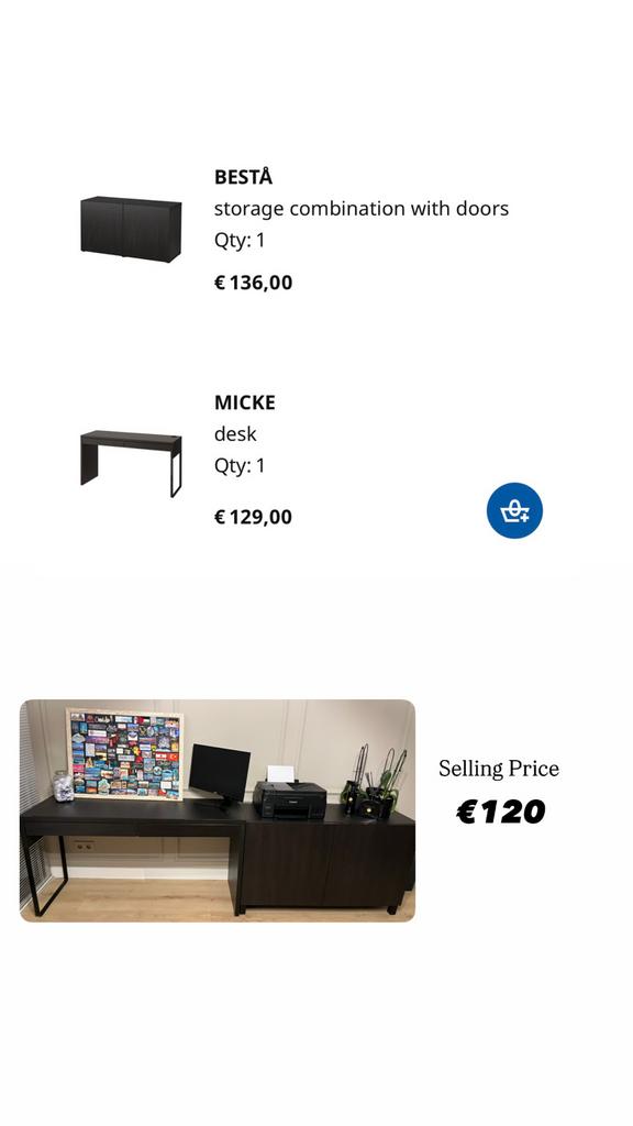 IKEA BESTÅ/MICKE Bureau-kast combinatie met deuren, Ophalen, Gebruikt, Spaanplaat of MDF, IKEA