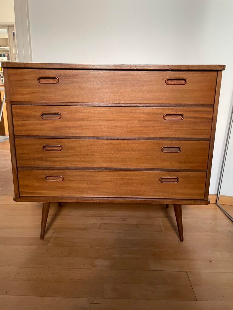 Vintage Teakhouten Commode met 4 Laden, Ophalen, Gebruikt, 100 tot 150 cm, Teakhout