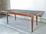 vintage salontafel hout leistenen blad 125x50cm 60s 70s, Ophalen, Gebruikt, Overige materialen, 100 tot 150 cm