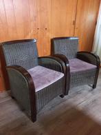 rieten fauteuiltjes met hout en zitkussen, Huis en Inrichting, Fauteuils, Minder dan 75 cm, Gebruikt, 50 tot 75 cm, Hout