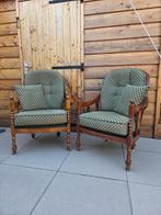 2 houten fauteuils met groene stof bekleed, Ophalen, Gebruikt, Minder dan 75 cm, 50 tot 75 cm