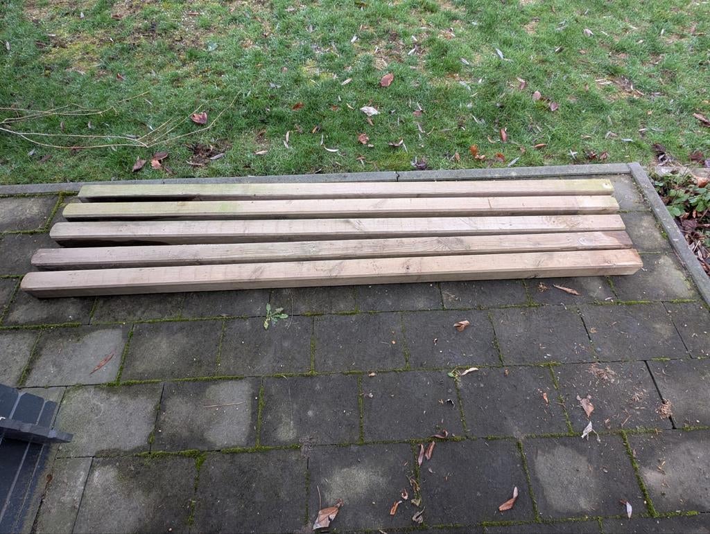Tuinpalen 5 stuks 210cm incl. grondankers, Doe-het-zelf en Verbouw, Hout en Planken, Gebruikt, 200 tot 250 cm, 50 mm of meer, Balk