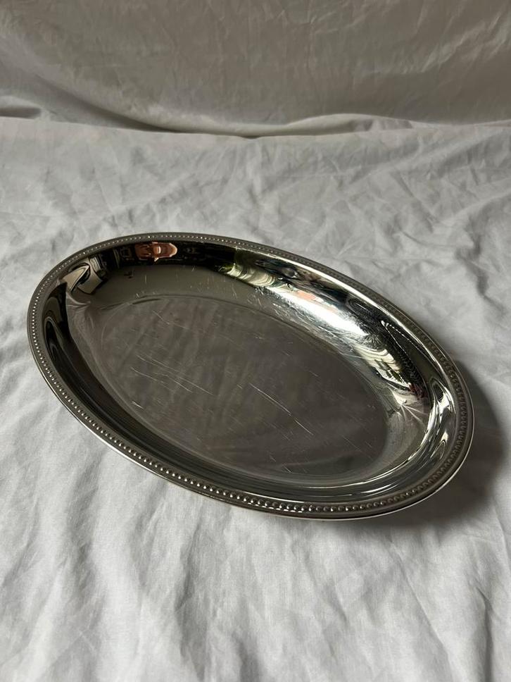 Vintage RVS Franse inox ovale serveerschaal met parelrand, Huis en Inrichting, Keuken | Servies, Schaal of Schalen, Overige stijlen
