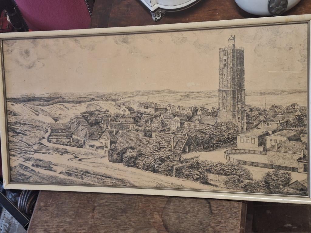 Litho Terschelling met lijst 1946 Brandaris, Antiek en Kunst, Ophalen of Verzenden