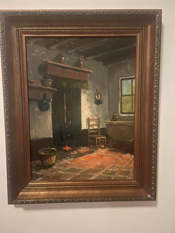Olieverfschilderij in klassieke lijst – Sfeervol interieur beschikbaar voor biedingen