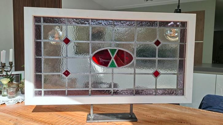 Glas in lood ramen op standaard  4 stuks. Antiek glas., Antiek en Kunst, Curiosa en Brocante, Ophalen