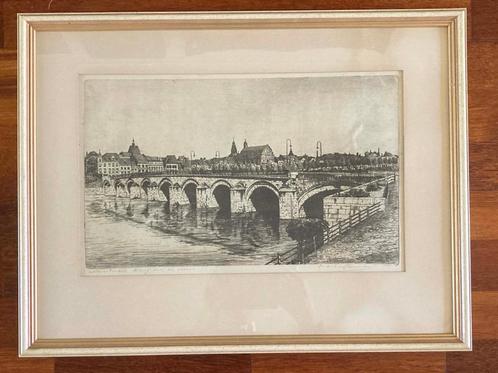 Ets Maastricht Brug over de Maas van Marius Janssen 25x40 cm, Antiek en Kunst, Kunst | Etsen en Gravures, Ophalen