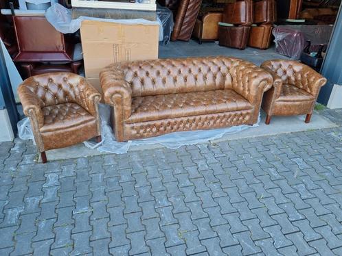 Chesterfield bankstel vintage cognac + GRATIS BEZORGD, Huis en Inrichting, Banken | Bankstellen, Nieuw, Rechte bank, Leer, Ophalen of Verzenden