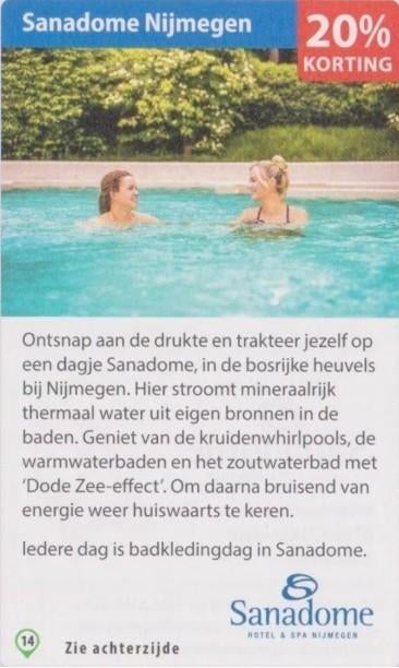 Sanadome Nijmegen 20% kortingsbon, Tickets en Kaartjes, Kortingen en Cadeaubonnen, Drie personen of meer, Kortingsbon, Spa of Sauna