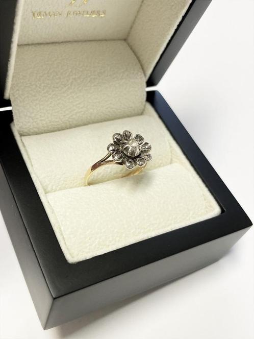 Antiek 14 K Gouden Rozet Ring 0.15 ct Roos Geslepen Diamant, Sieraden, Tassen en Uiterlijk, Ringen, Zo goed als nieuw, Dame, 18 tot 19