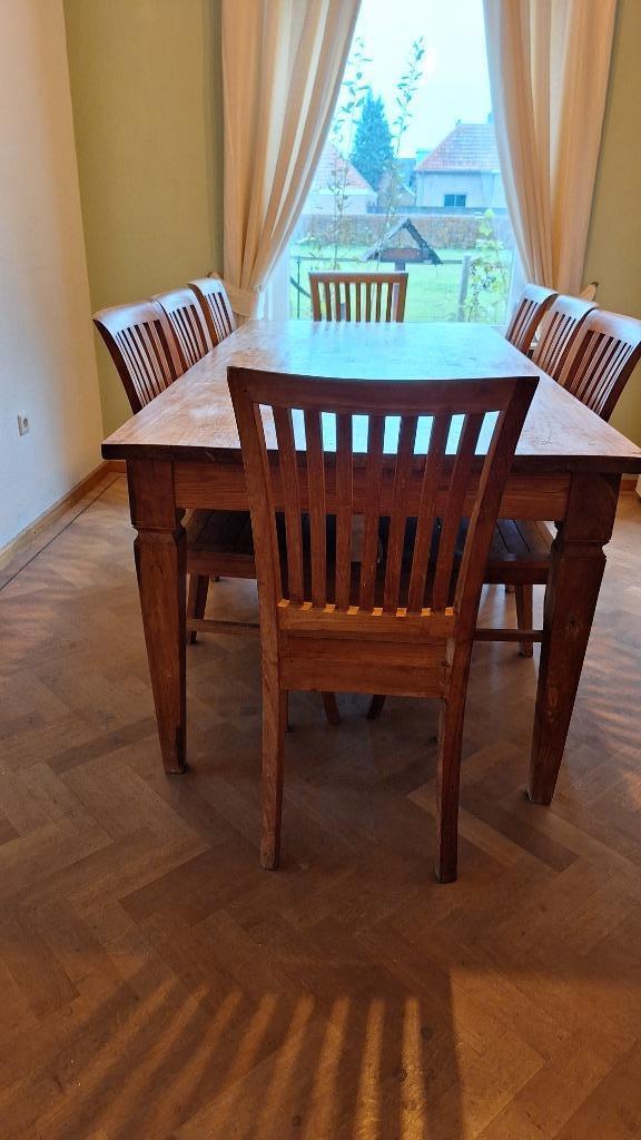 Tropische hardhouten tafel 210x100, 8 stoelen, Huis en Inrichting, Tafels | Eettafels, Gebruikt, 50 tot 100 cm, 200 cm of meer