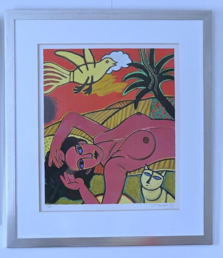 Corneille - Roze vrouw met vogel en kat - Gesigneerd - 1994, Antiek en Kunst, Kunst | Litho's en Zeefdrukken, Ophalen of Verzenden