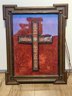Antiek 19e eeuws kloosterwerk kruis relikwie kruis in lijst, Antiek en Kunst, Antiek | Religie, Ophalen