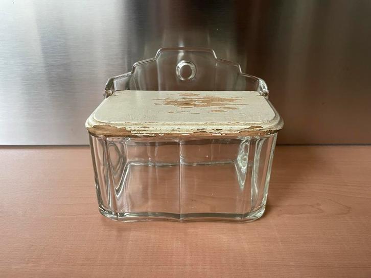 Vintage Glazen Zoutbakje met Houten Deksel, Antiek en Kunst, Antiek | Keukenbenodigdheden, Ophalen of Verzenden