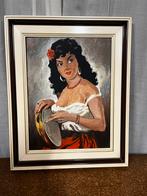 Vintage schilderij ,zigeunerin met tambourijn ,jaren 70, Ophalen of Verzenden, Zo goed als nieuw