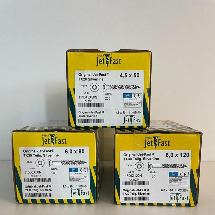 Jetfast schroeven, diverse maten, Tuin en Terras, Palen, Balken en Planken, Nieuw, Palen, Minder dan 180 cm, Ophalen