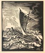 Emil Ernst Heinsdorff (1887-1948) Houtsnede 'Zeilschip' ~192, Antiek en Kunst, Ophalen of Verzenden