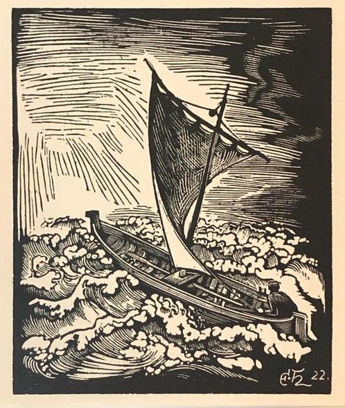 Emil Ernst Heinsdorff (1887-1948) Houtsnede 'Zeilschip' ~192, Antiek en Kunst, Kunst | Etsen en Gravures, Ophalen of Verzenden