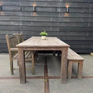 Teak tuinset - eettafel + 2 stoelen + bankje beschikbaar voor biedingen