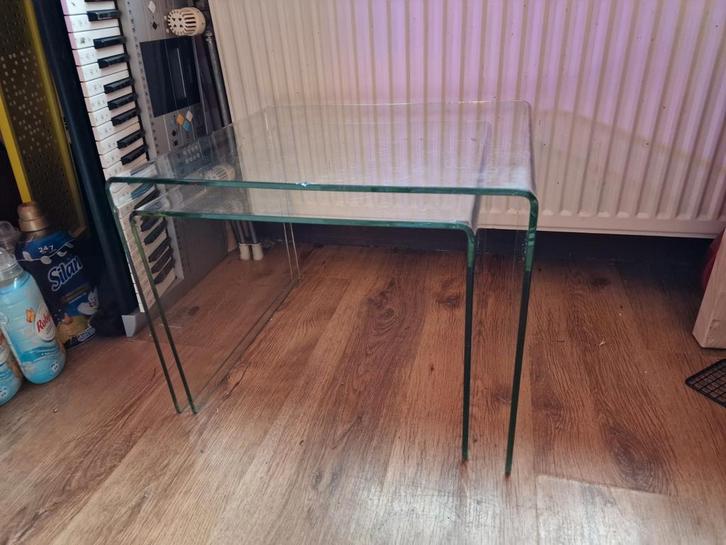 Vintage glazen bijzettafels - set van 2, Huis en Inrichting, Tafels | Bijzettafels, Gebruikt, Rechthoekig, 45 tot 60 cm, Minder dan 55 cm