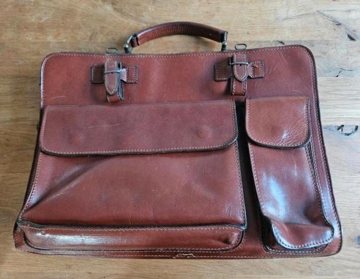 Vintage leren aktetas, Sieraden, Tassen en Uiterlijk, Tassen | Schoudertassen, Gebruikt, Overige merken, Bruin, Leer, Ophalen of Verzenden