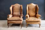 Traditioneel Engelse Chesterfield oorfauteuil of Wingchair, Ophalen, Gebruikt, Minder dan 75 cm, Leer