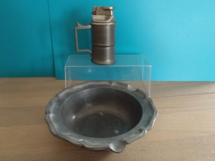 Tinnen aansteker 10cm+ asbak 14cm met keurmerk, Antiek en Kunst, Antiek | Tin, Ophalen of Verzenden