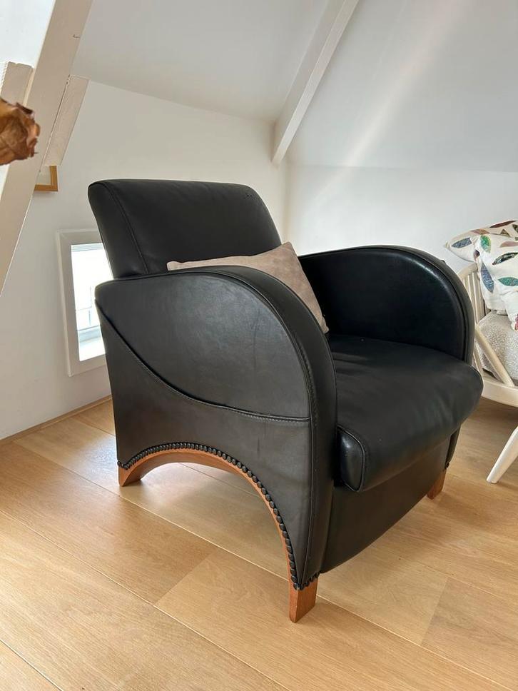 Baxter Design Stoel - Zwart Leer & Notenhout, Huis en Inrichting, Fauteuils, Gebruikt, Leer, 50 tot 75 cm, Minder dan 75 cm, Ophalen of Verzenden