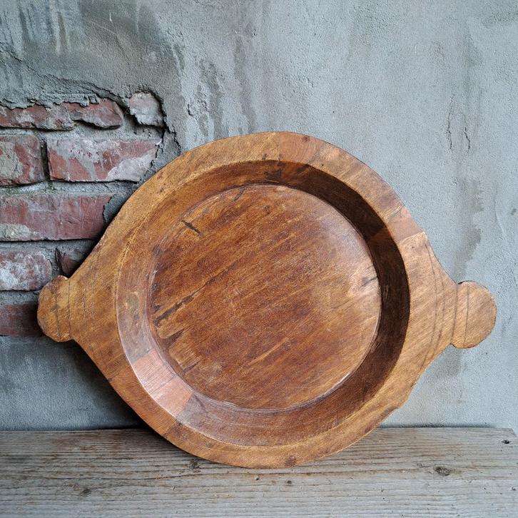 Landelijke houten schaal met 2 oortjes ø 40cm *Etage3*, Huis en Inrichting, Woonaccessoires | Overige, Zo goed als nieuw, Ophalen of Verzenden