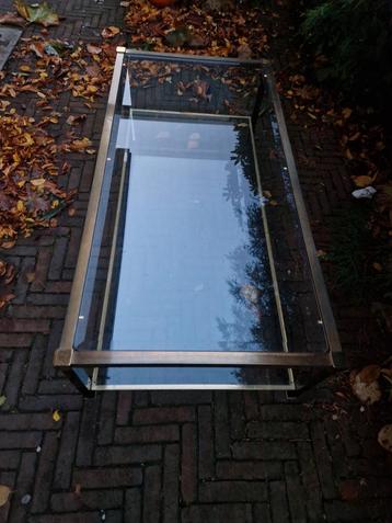 Glazen Salontafel messing 1970, 139x69cm beschikbaar voor biedingen
