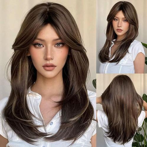 Pruik lang steil haar in laagjes bruin met highlights model, Sieraden, Tassen en Uiterlijk, Uiterlijk | Haarverzorging, Nieuw