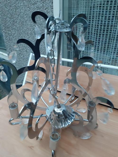 Plafondlamp kroonluchter, zeer mooi, van RVS en glas., Huis en Inrichting, Lampen | Kroonluchters, Zo goed als nieuw, Glas, Metaal