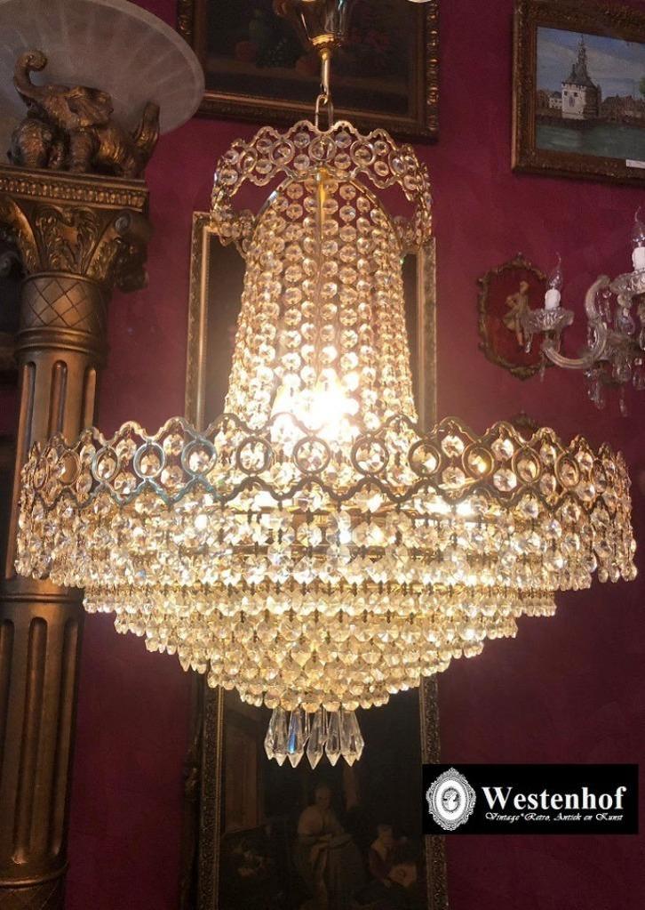 Kristallen kroonluchter - zakkroonluchter klassiek goud, Huis en Inrichting, Lampen | Kroonluchters, Gebruikt, Overige materialen