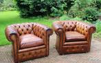 origineel Engelse Chesterfield fauteuil, Huis en Inrichting, Stoelen, Ophalen, Gebruikt, Twee, Bruin