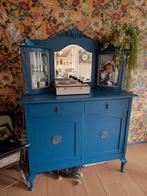 Blauwe buffetkast met spiegel en glas, Ophalen, Gebruikt, 100 tot 150 cm, Glas