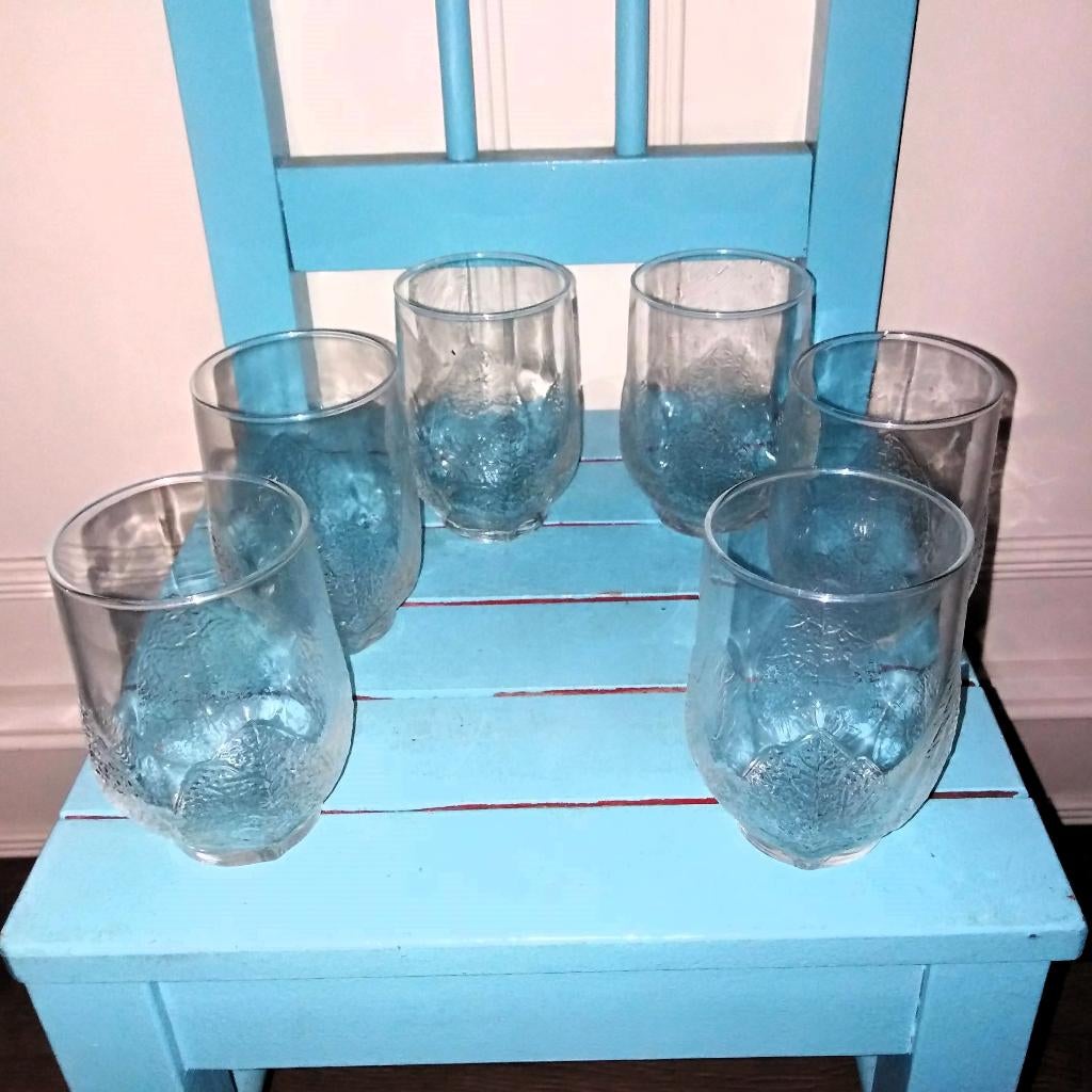 Limonadeglaasjes met bladreliëf 6 stuks Vintage, Ophalen, Glas of Glazen, Gebruikt, Glas