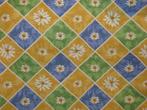 Nieuwe vintage lap stof geel groen blauw met margrieten, Hobby en Vrije tijd, Stoffen en Lappen, Geel, Nieuw, Ophalen of Verzenden