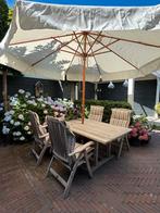 Prachtige Teak en Garden 5-delig tuinset met parasoll, Tuin en Terras, Tuinsets en Loungesets, 4 zitplaatsen, Gebruikt, Teakhout