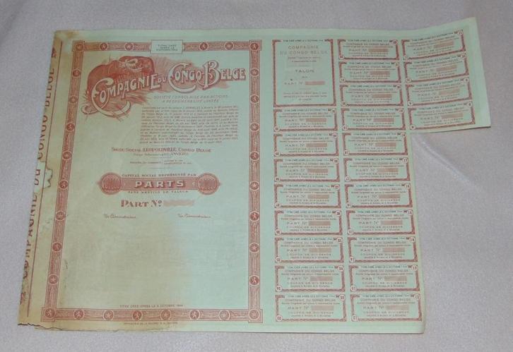 Aandeel Compagnie du Congo Belge - met coupons, Postzegels en Munten, Aandelen en Waardepapieren, Aandeel, 1950 tot 1970, Verzenden