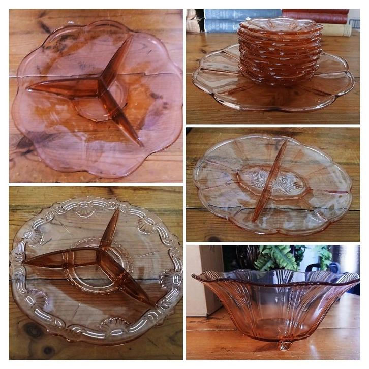 Diversen roze persglas gebaksstel + 12 bordjes en schaaltjes, Antiek en Kunst, Curiosa en Brocante, Ophalen of Verzenden