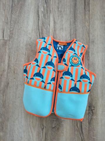Mooi oranje blauw zwemvest met haaien, 18-30 kg drijfvest. beschikbaar voor biedingen